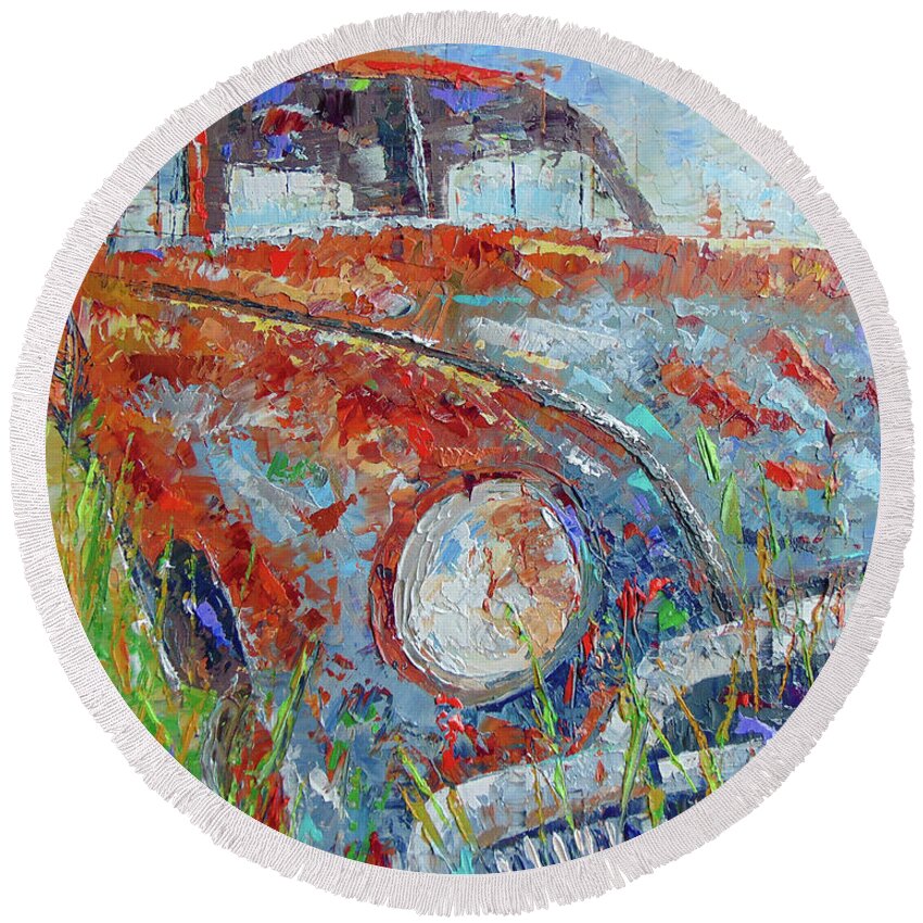 Impressionist Round Beach Towel featuring the painting Classic car #2 by Frederic Payet