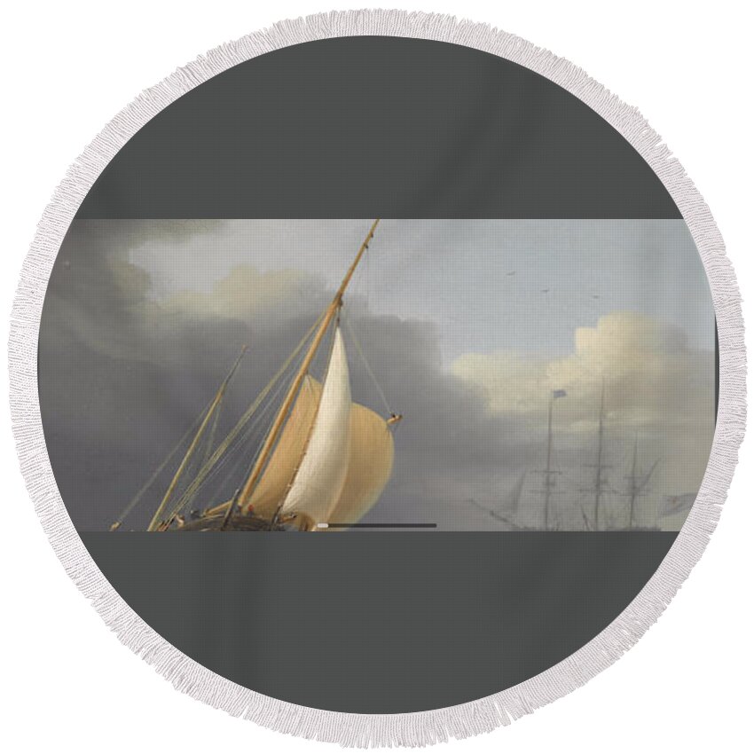 Dominic Serres (british 1722-1793) Coastal Shipping In Rough Seas Round Beach Towel featuring the painting Coastal shipping in rough seas #1 by MotionAge Designs