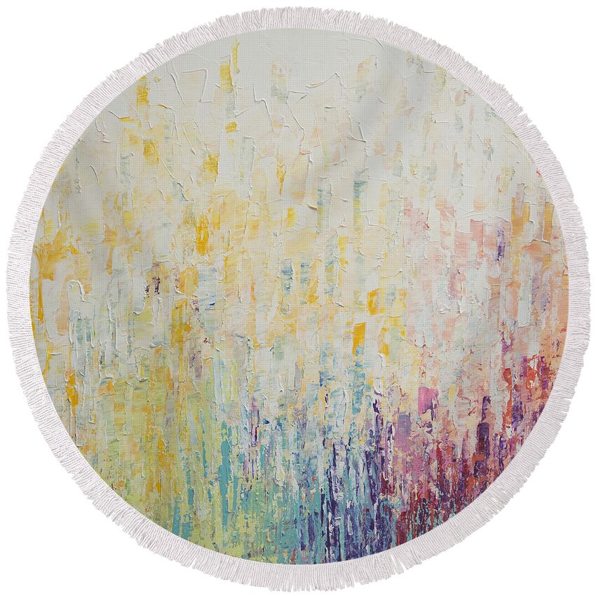 Rainbow Round Beach Towel featuring the painting ColorBox Garden by Linda Bailey