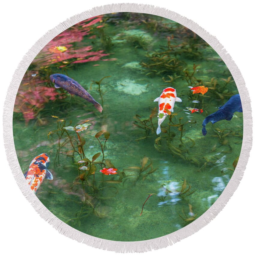Colored Carp Round Beach Towel featuring the photograph Colored Carp at Monet's Pond #1 by Hisao Mogi