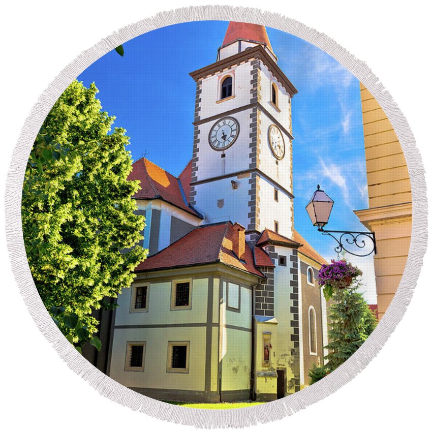 Varazdin Round Beach Towel featuring the photograph Colorful street of baroque town Varazdin view #1 by Brch Photography