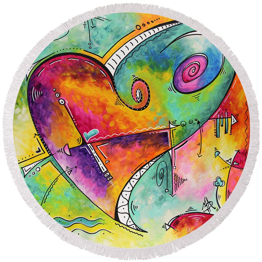 Heart Round Beach Towel featuring the painting Colorful Whimsical PoP Art Style Heart Painting Unique Artwork by Megan Duncanson by Megan Aroon