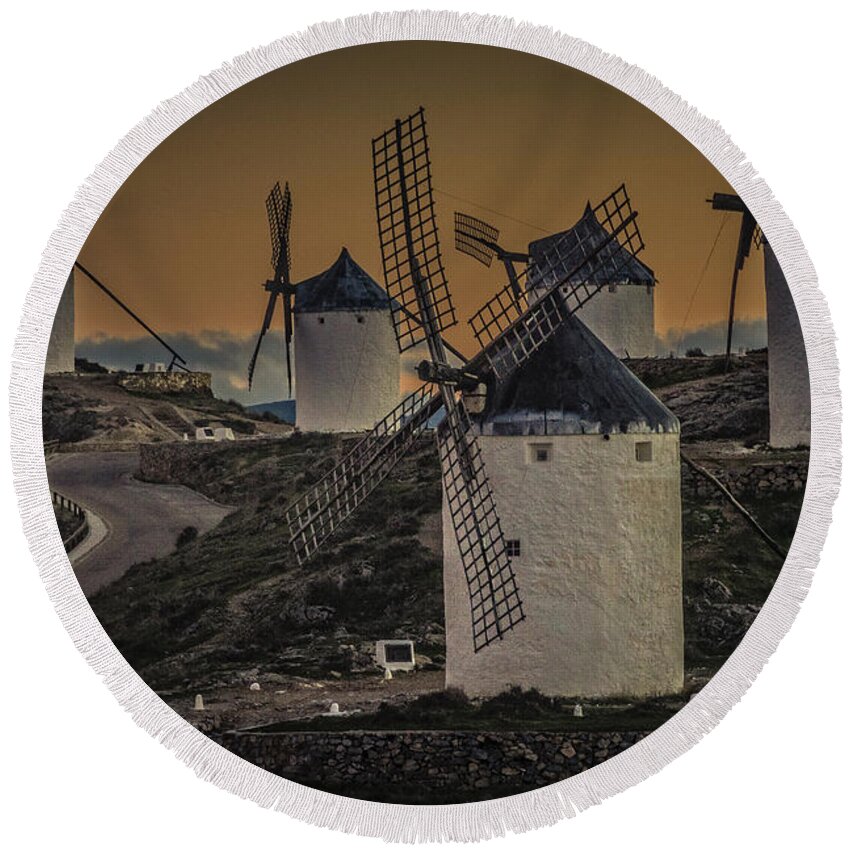 Windmills Round Beach Towel featuring the photograph Consuegra Windmills 2 by Heiko Koehrer-Wagner