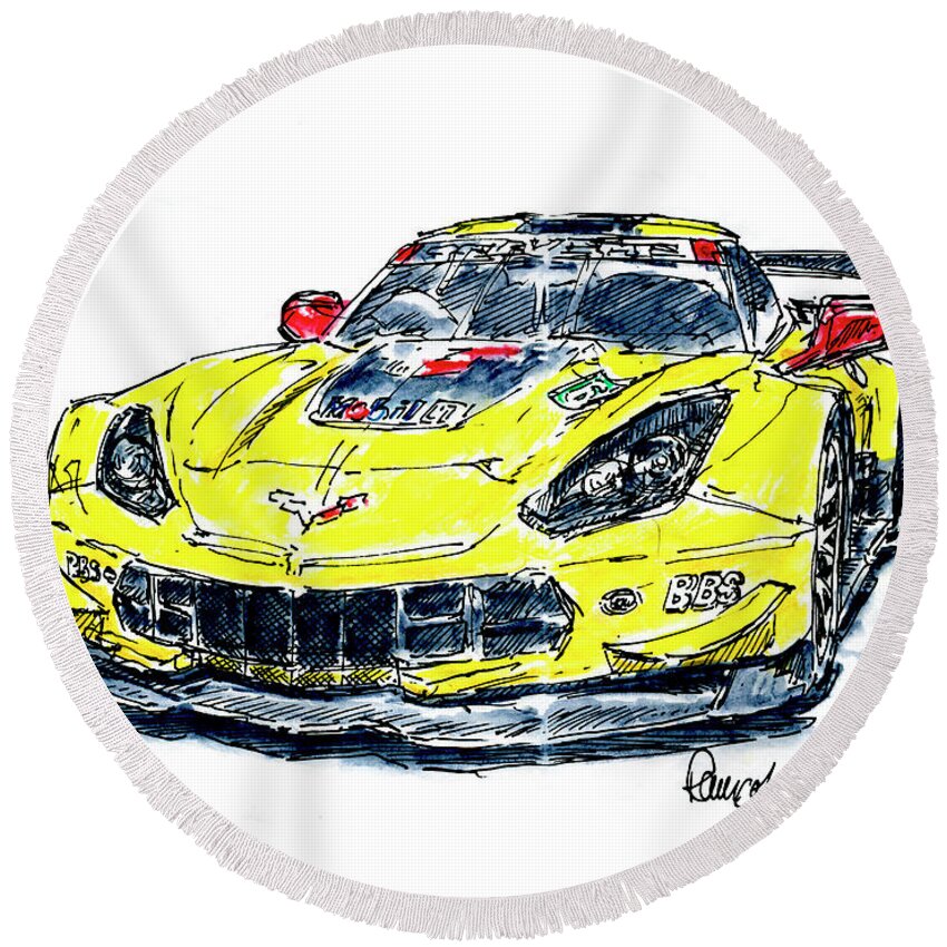 Corvette Round Beach Towel featuring the drawing Corvette IMSA GTLM Racecar Ink Drawing and Watercolor by Frank Ramspott
