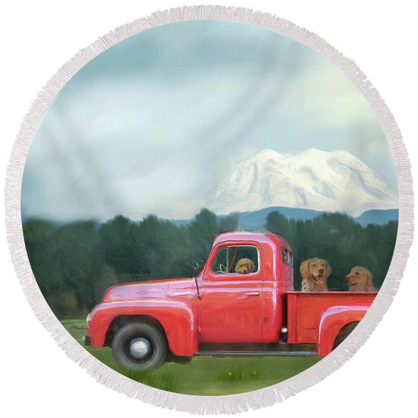 Red Pick Up Round Beach Towel featuring the mixed media Country Drive #1 by Mary Timman