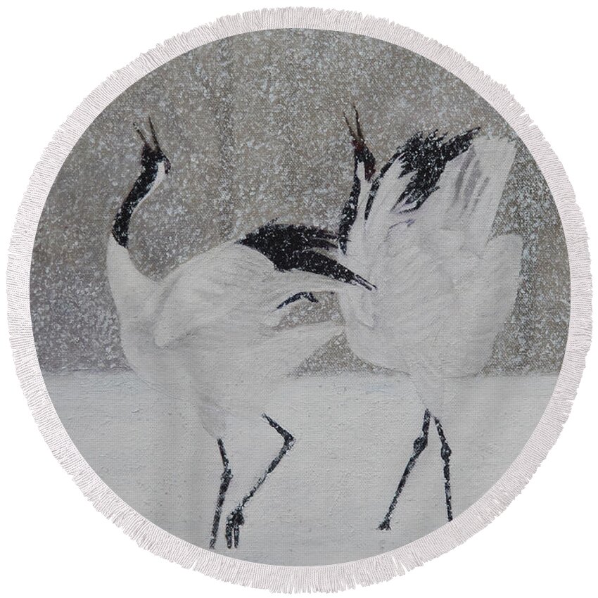 Bird Round Beach Towel featuring the painting Courtship Dance #1 by Masami Iida