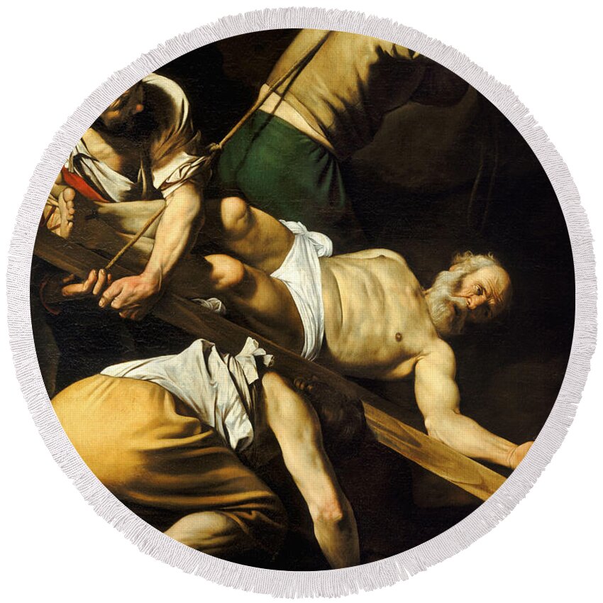 Caravaggio Round Beach Towel featuring the painting Crucifixion of Saint Peter #1 by Caravaggio