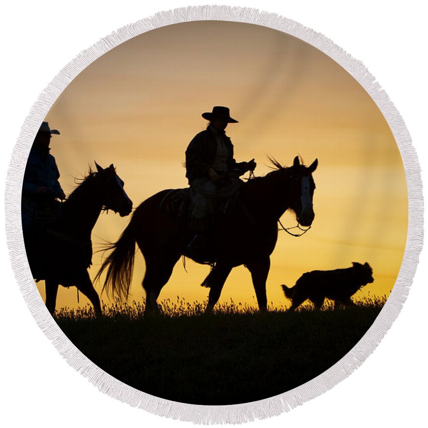 Cowboys And Horses Round Beach Towel featuring the photograph Day is Done #2 by Sandra Bronstein