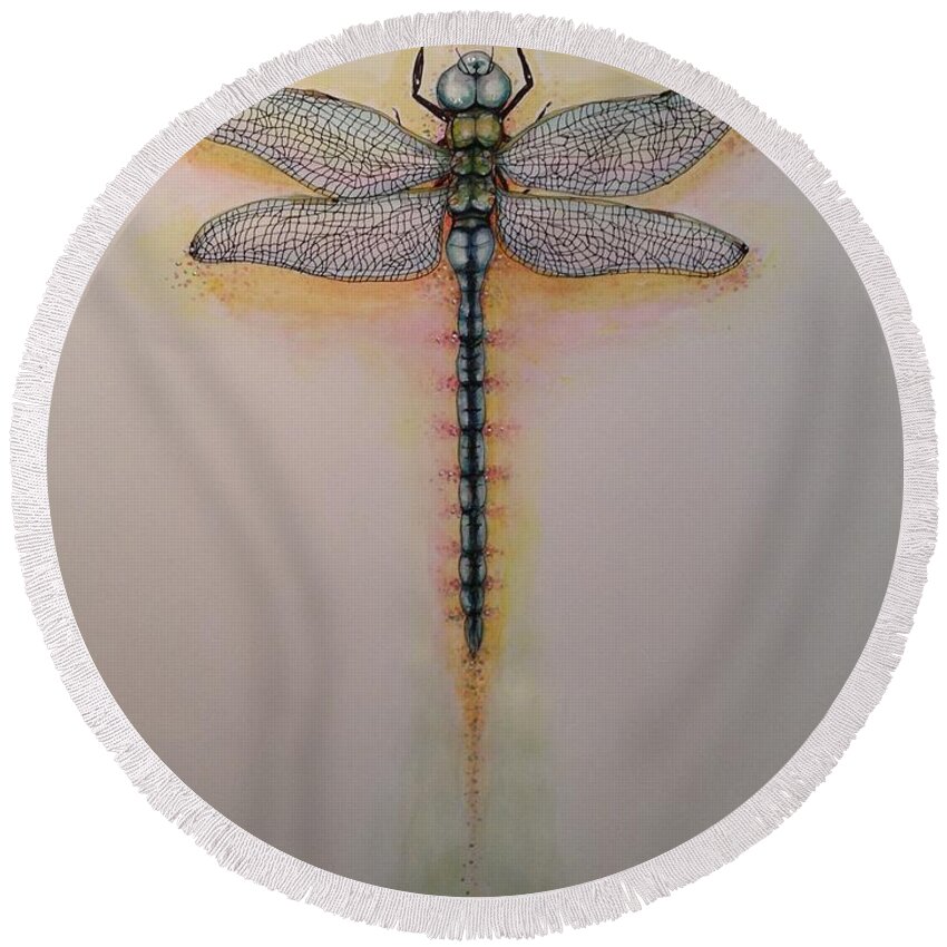 Dragonfly Round Beach Towel featuring the painting Drag On Fly by M J Venrick