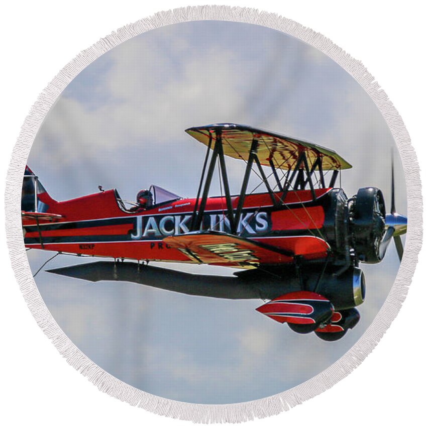 Biplane Round Beach Towel featuring the photograph Dual Powered Biplane #1 by Tom Claud