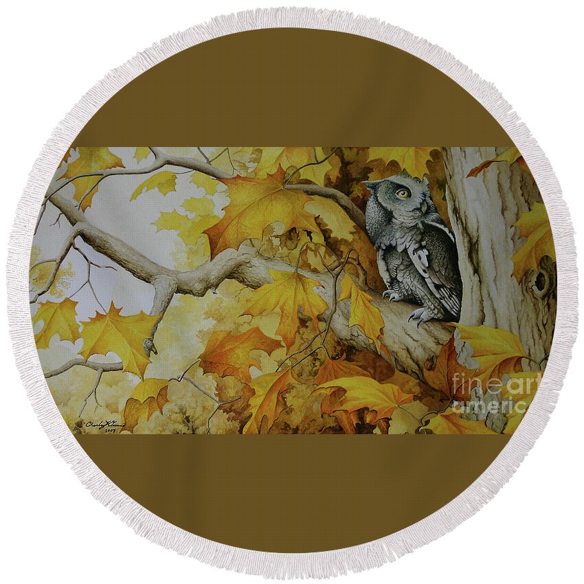 Owl Round Beach Towel featuring the painting Eastern Screech Owl #2 by Charles Owens