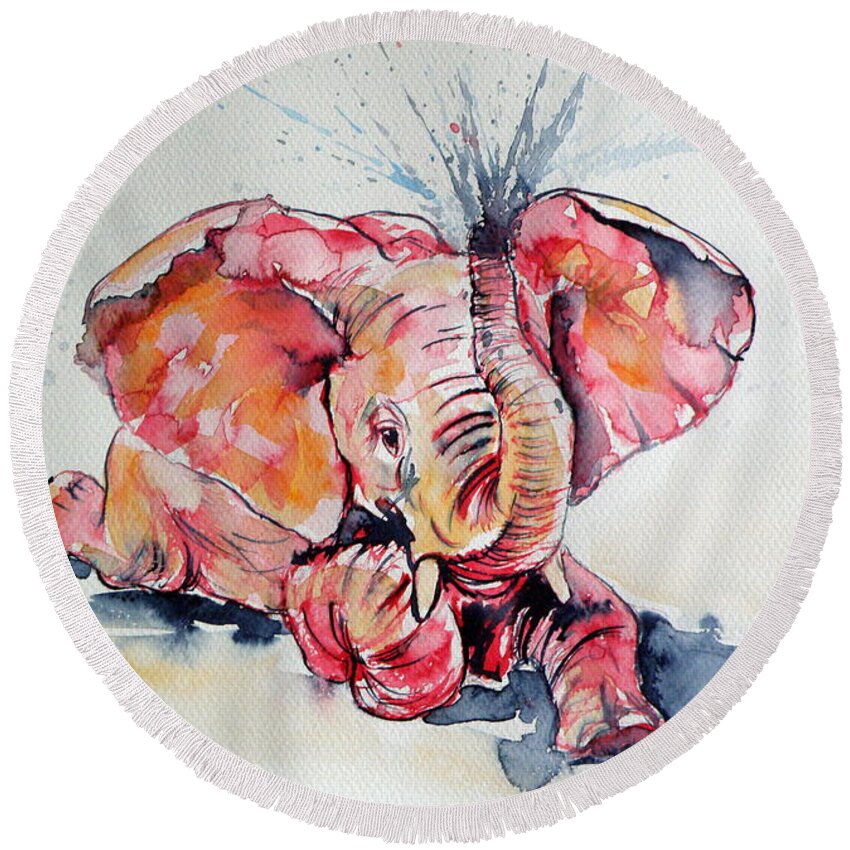 Elephant Round Beach Towel featuring the painting Elephant baby #2 by Kovacs Anna Brigitta
