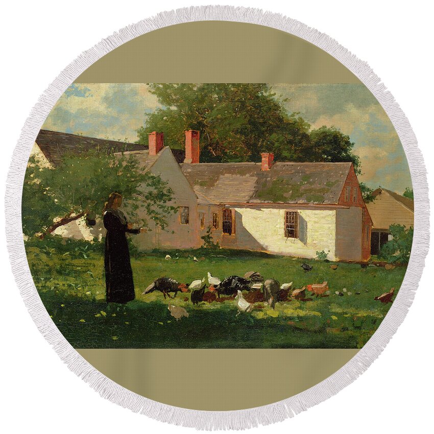 Winslow Homer Round Beach Towel featuring the painting Farmyard Scene #1 by Winslow Homer