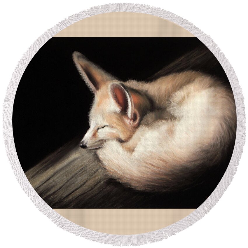 Fox Round Beach Towel featuring the painting Fennec Fox #2 by Linda Merchant