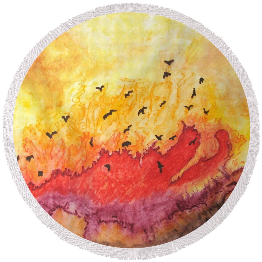 Birds Round Beach Towel featuring the painting Fire Birds by Patricia Arroyo