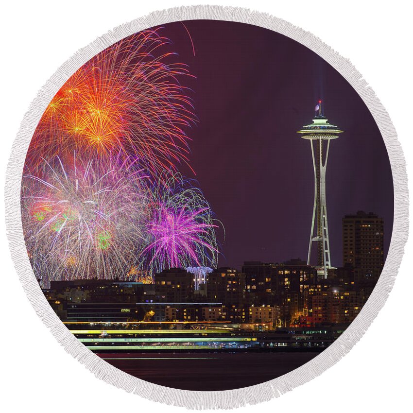 Landscape Round Beach Towel featuring the photograph Fireworks with Space Needle #1 by Hisao Mogi