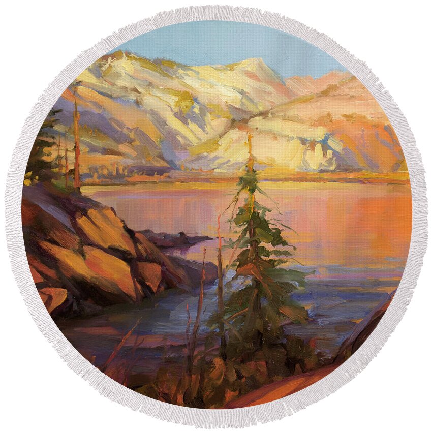 Wilderness Round Beach Towel featuring the painting First Light by Steve Henderson