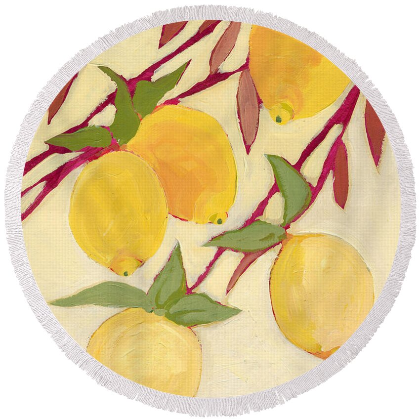 Lemon Round Beach Towel featuring the painting Five Lemons #2 by Jennifer Lommers