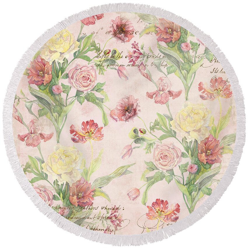 Butterfly Round Beach Towel featuring the painting Fleurs de Pivoine - Watercolor w Butterflies in a French Vintage Wallpaper Style #1 by Audrey Jeanne Roberts