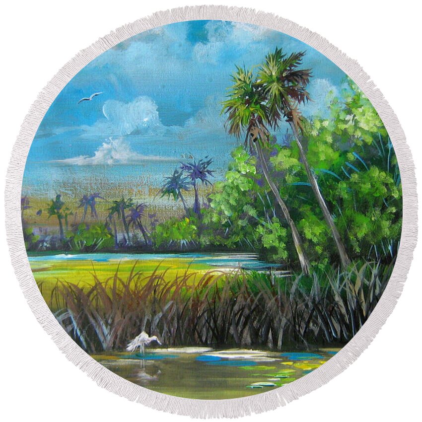 Florida Round Beach Towel featuring the painting Florida Landscape #1 by Bella Apollonia