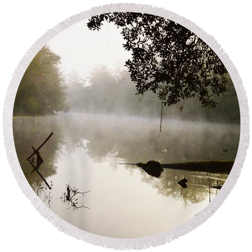 Fog And Light Round Beach Towel featuring the photograph Fog and Light #1 by Warren Thompson
