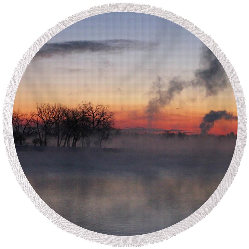 Fog Round Beach Towel featuring the photograph Fog On The Lake #1 by Trent Mallett