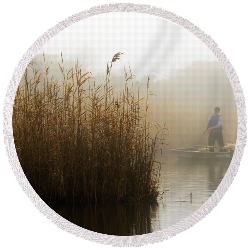 Fog Round Beach Towel featuring the photograph Foggy Fishing #1 by Travis Rogers