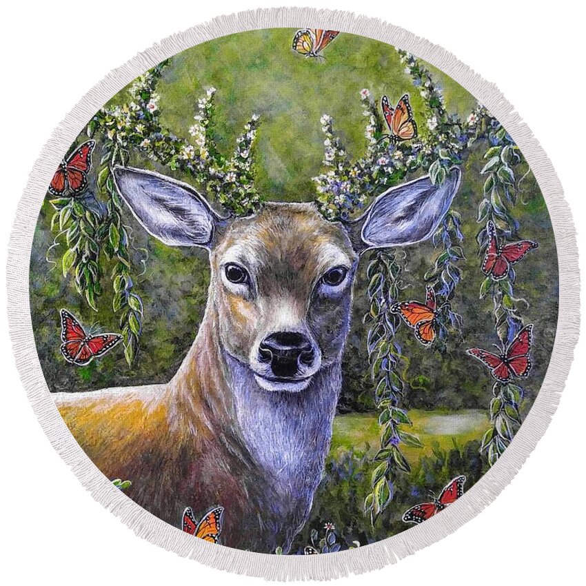 Deer Stag Forest Nature Butterfly Round Beach Towel featuring the painting Forest Monarch #1 by Gail Butler