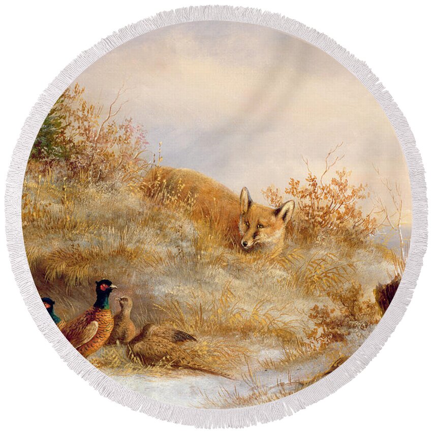 Fox And Pheasants In Winter (oil) Landscape; Snow; Pheasant; Male; Female; Cock; Hen; Prey; Stalking Round Beach Towel featuring the painting Fox and Pheasants in Winter by Anonymous