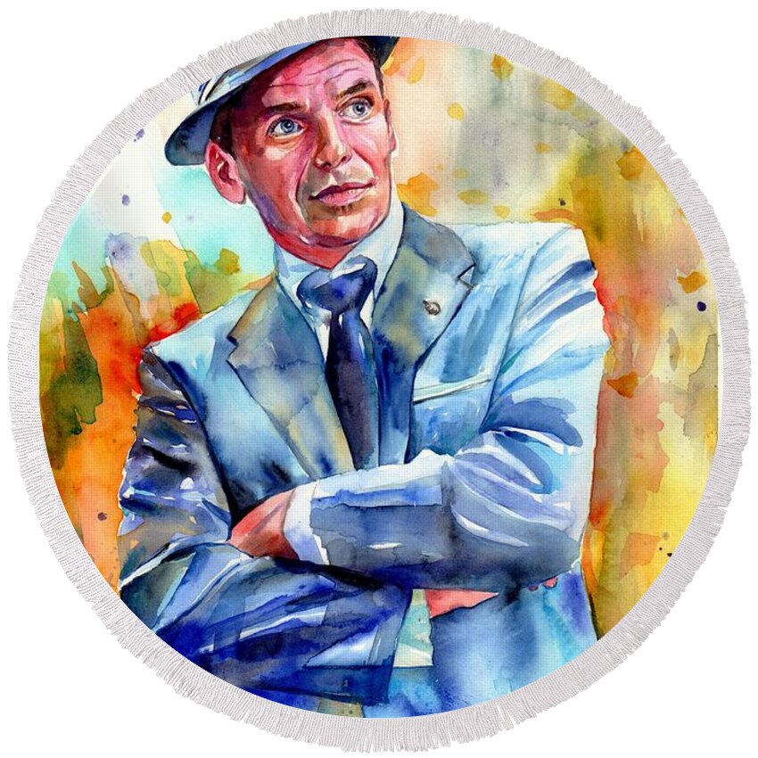 Frank Round Beach Towel featuring the painting Frank Sinatra young painting #2 by Suzann Sines