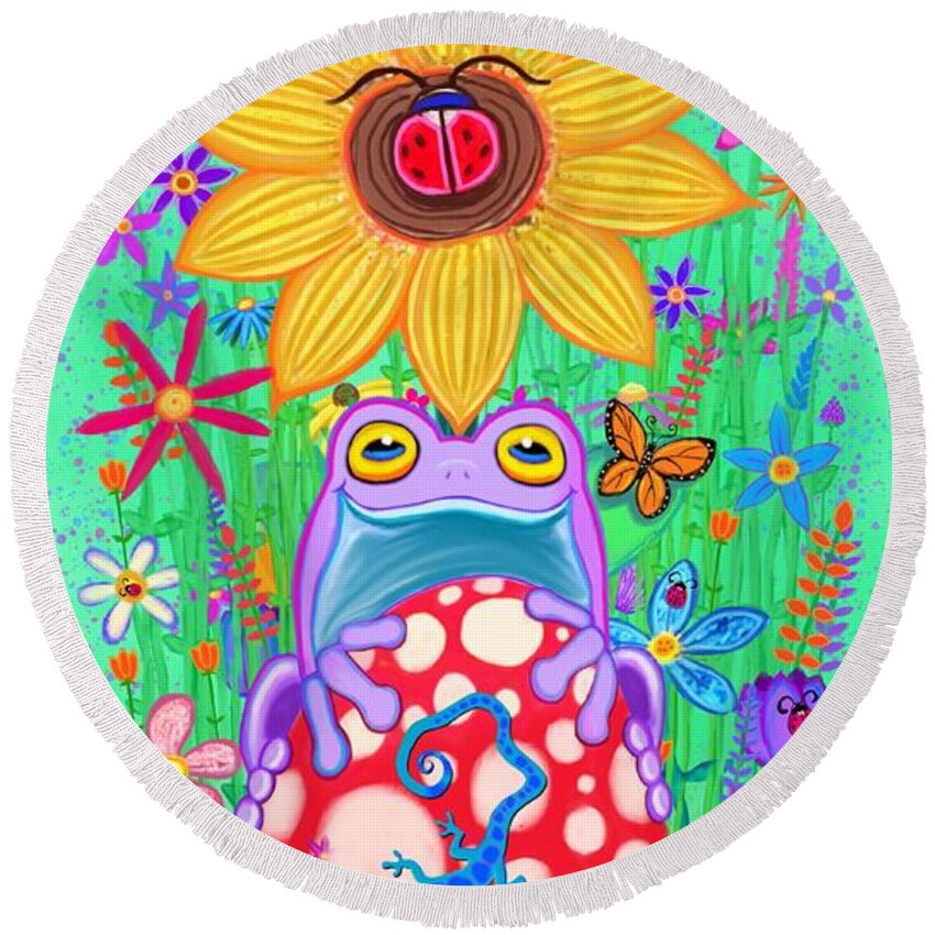 Frogs Round Beach Towel featuring the digital art Frogs and Flowers #1 by Nick Gustafson