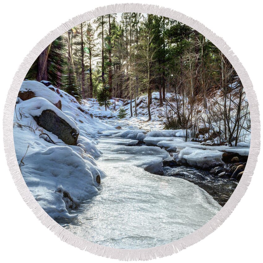Beauty Round Beach Towel featuring the photograph Frozen Creek #2 by Maria Coulson