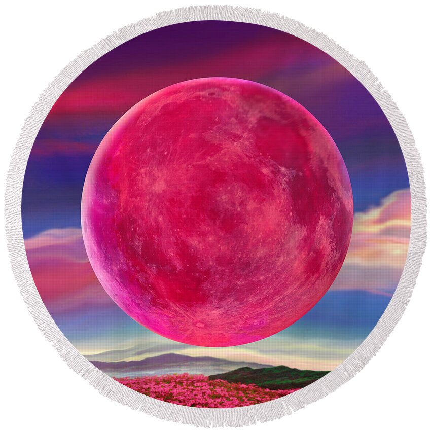 Full Pink Moon Round Beach Towel featuring the digital art Full Pink Moon by Robin Moline