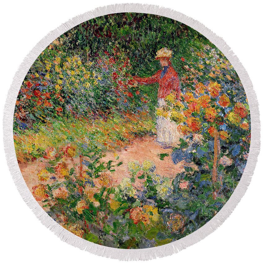 Garden Round Beach Towel featuring the painting Garden at Giverny by Claude Monet