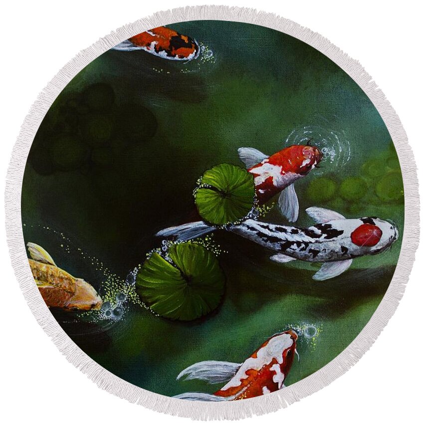 Koi Round Beach Towel featuring the painting Gathering in Light #1 by Vivian Casey Fine Art