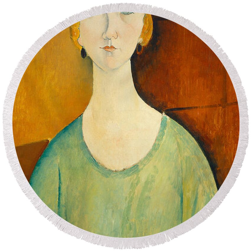 Amedeo Modigliani Round Beach Towel featuring the painting Girl In A Green Blouse #1 by Amedeo Modigliani