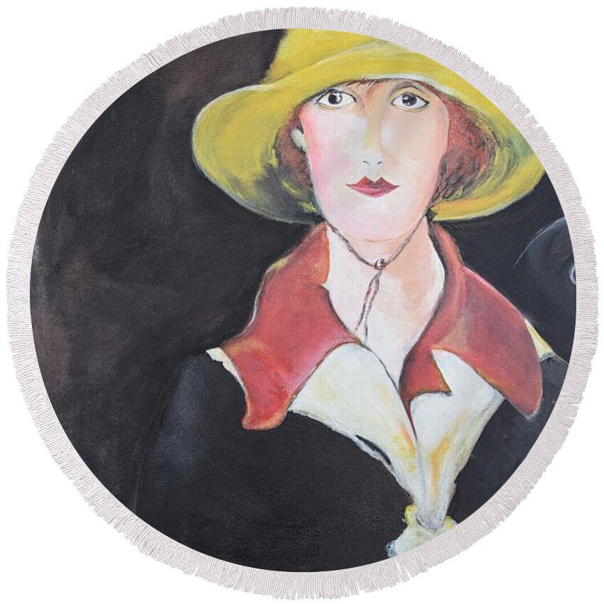 Girl Round Beach Towel featuring the painting Girl In Riding Hat by Gary Smith