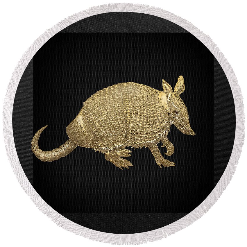 'beasts Creatures And Critters' Collection By Serge Averbukh Round Beach Towel featuring the photograph Gold Armadillo on Black Canvas #1 by Serge Averbukh