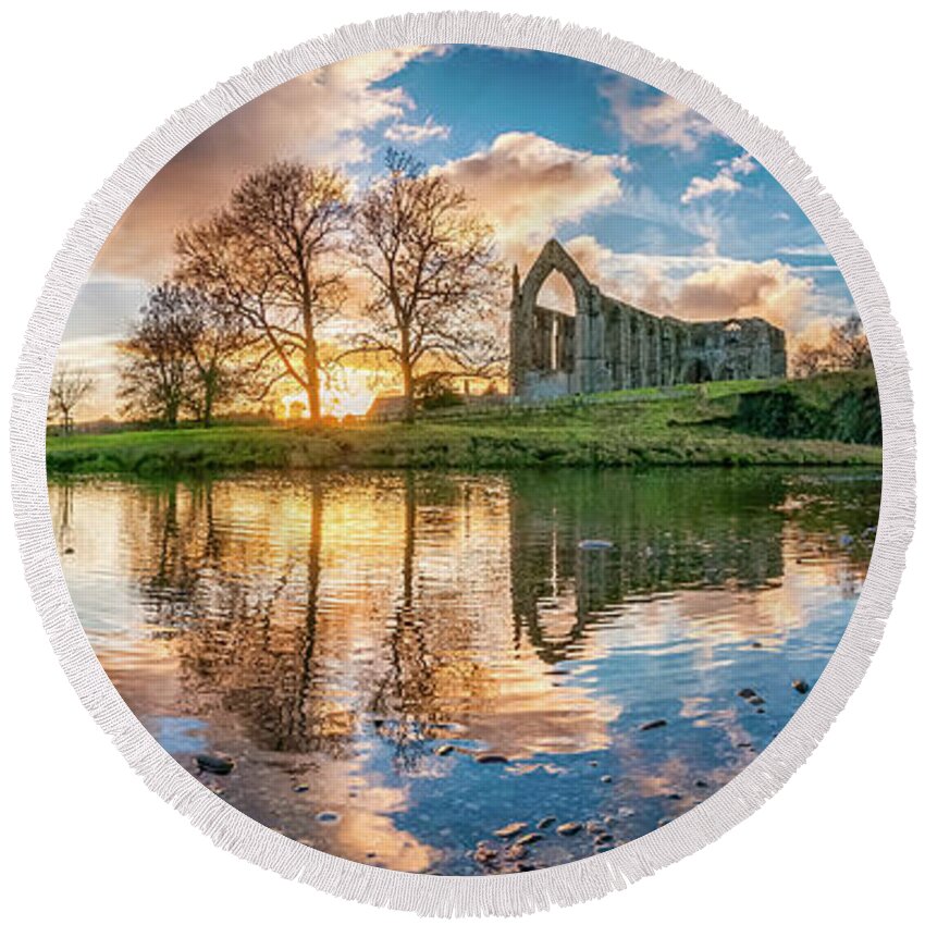 Bolton Abbey Round Beach Towel featuring the photograph Golden hour by the River Wharfe by Mariusz Talarek