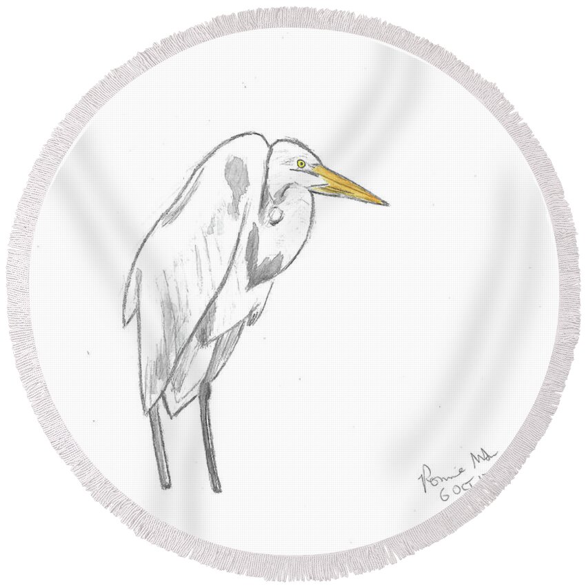 Ronne Maum Round Beach Towel featuring the mixed media Great Egret #1 by Ronnie Maum