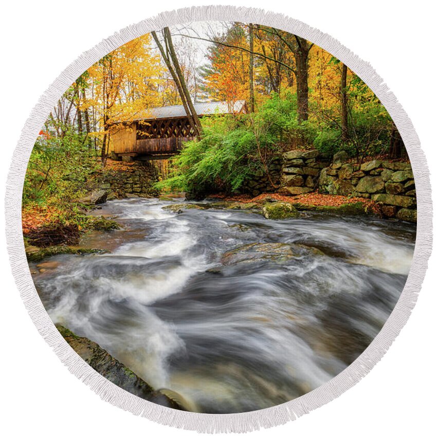 Covered Bridge Round Beach Towel featuring the photograph Gunstock Brook #1 by Robert Clifford