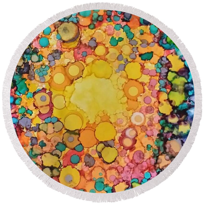 Alcohol Ink Prints Round Beach Towel featuring the painting Happy Explosion by Betsy Carlson Cross