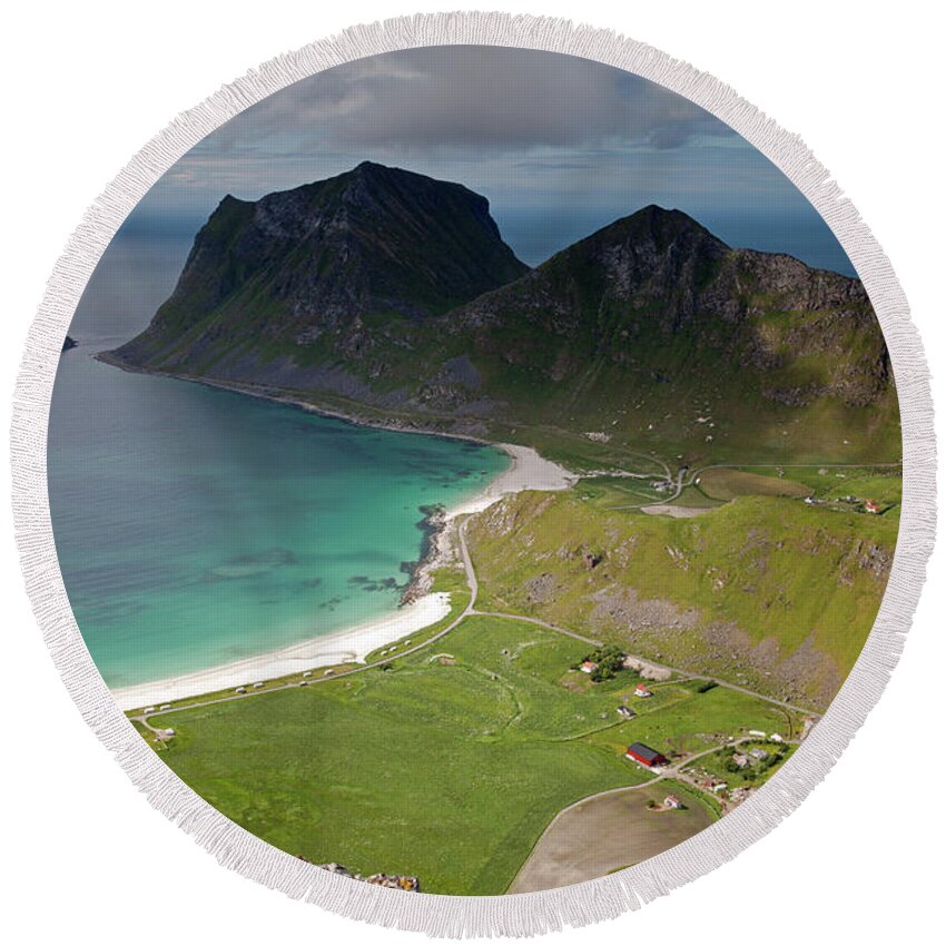 Holandsmelen Round Beach Towel featuring the photograph Haukland and Vik Beaches from Holandsmelen #3 by Aivar Mikko