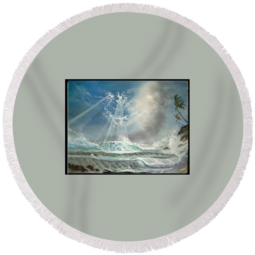 Hawaii Seascape Round Beach Towel featuring the painting Hawaii Seascape by Leland Castro