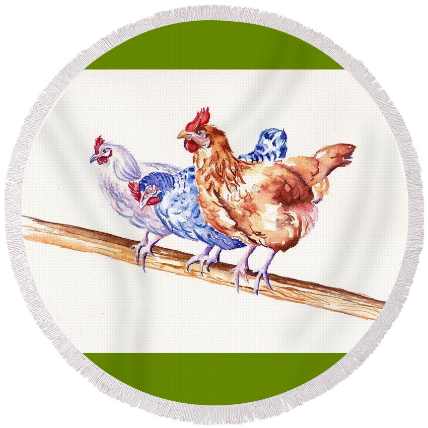 Chickens Round Beach Towel featuring the painting High Flyers - Chickens by Debra Hall