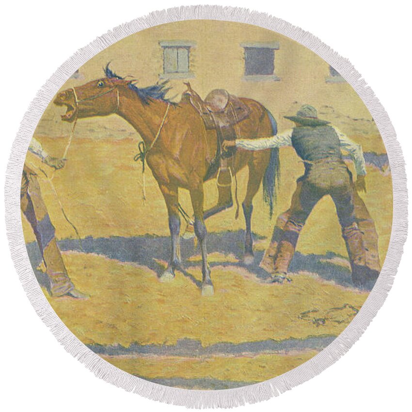 Frederic Remington Round Beach Towel featuring the painting His First Lesson by Frederic Remington