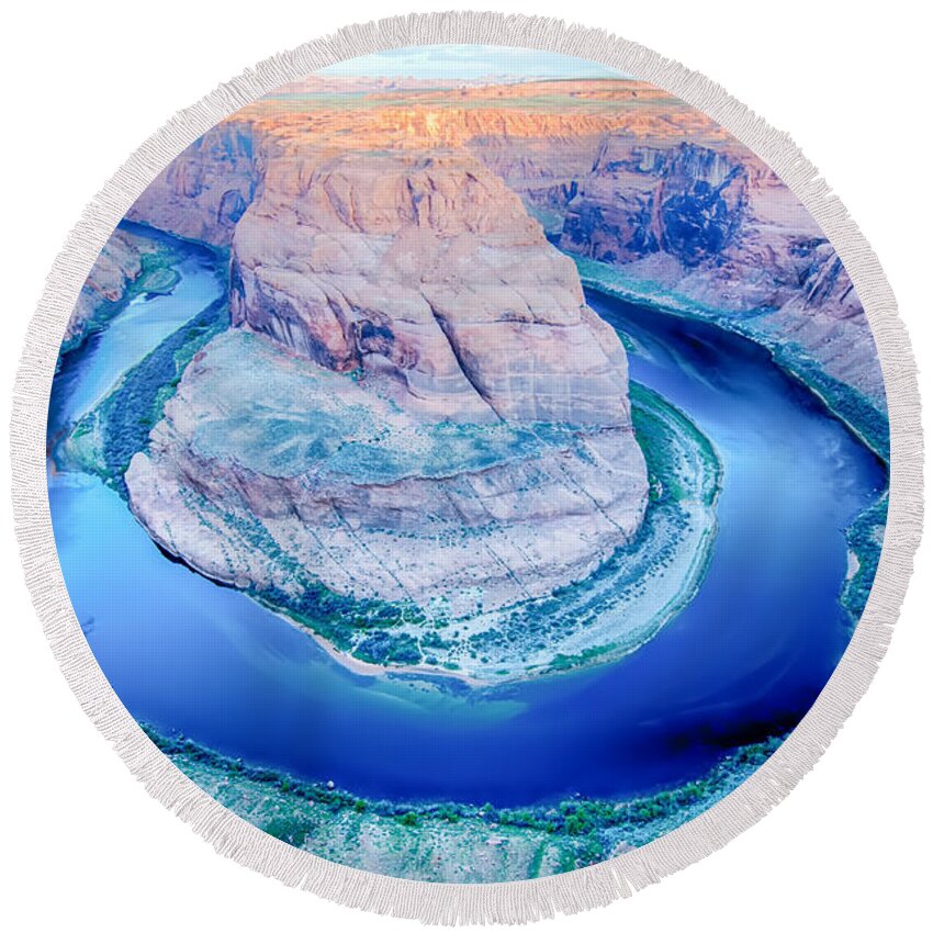 Canyon Round Beach Towel featuring the photograph Horseshoe Bend At Sunrise With Clear Sky And Colorado River Belo #1 by Alex Grichenko