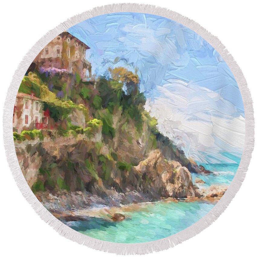 Tuscany Round Beach Towel featuring the digital art Houses on the rocks by Patricia Hofmeester