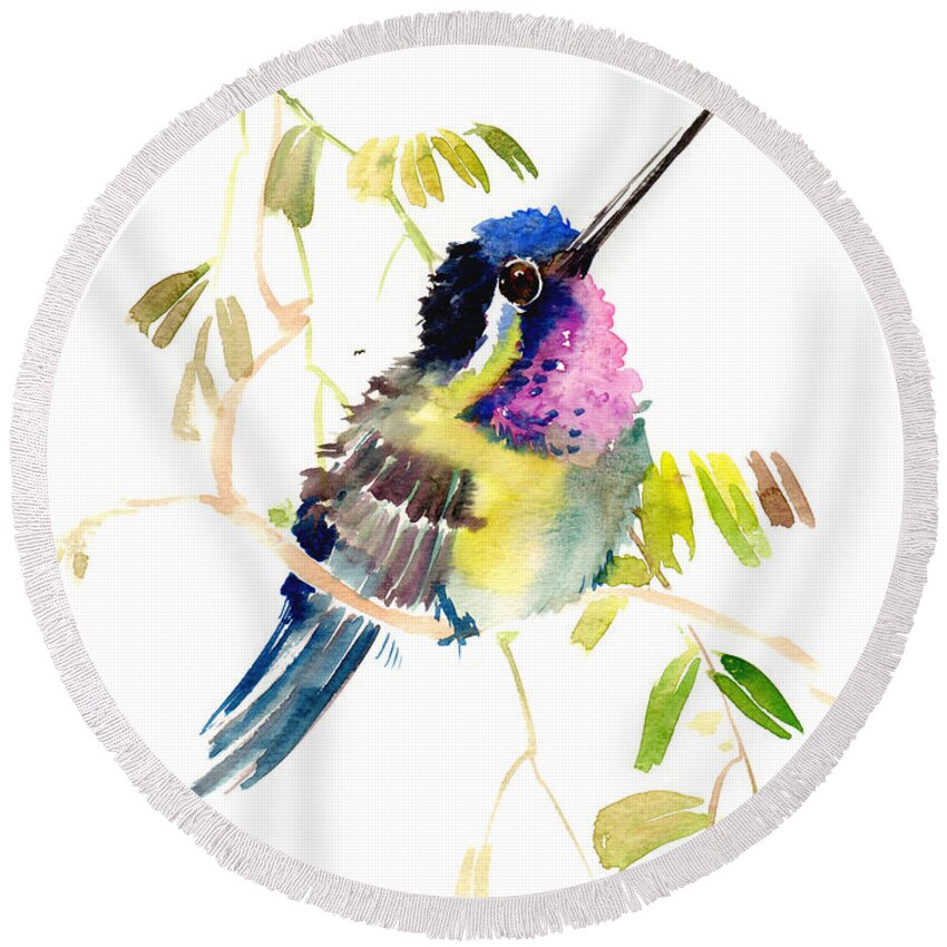 Cute Bird Round Beach Towel featuring the painting Hummingbird #1 by Suren Nersisyan