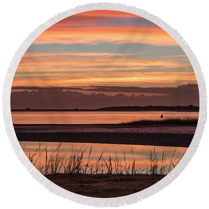 Sunrise Prints Round Beach Towel featuring the photograph Inlet Watch Sunrise #2 by Phil Mancuso